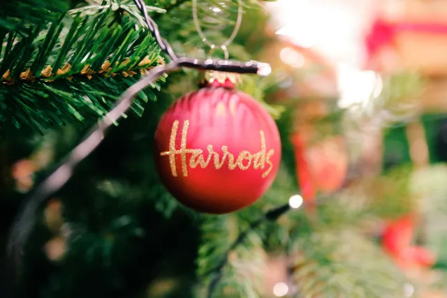 Harrods Christmas bauble hanging from tree