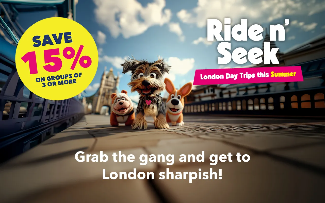 A graphic of a group of cartoon dogs on Tower Bridge in London