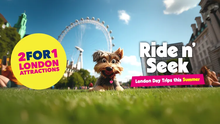 A graphic of a cartoon dog in front of the London eye