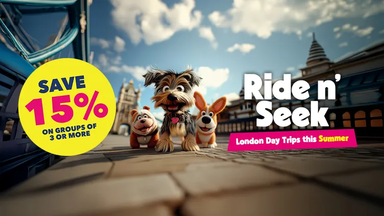 A graphic of a group of cartoon dogs on Tower Bridge in London