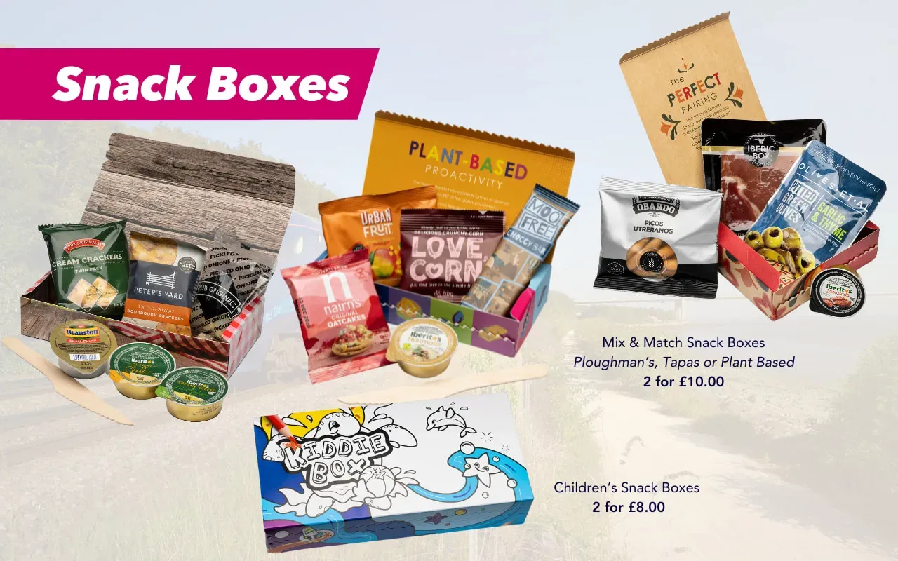 A graphic showing the range of snack boxes on the Standard Class at-seat trolley onboard Hull Trains
