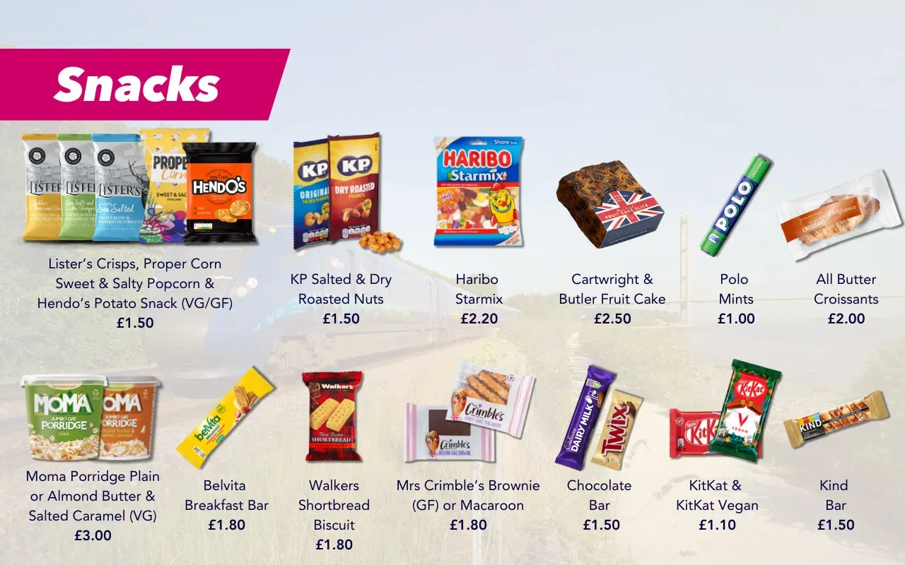A graphic showing the range of snacks on the Standard Class at-seat trolley onboard Hull Trains