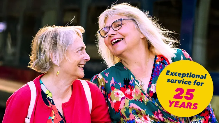 Two women on the platform outside a Hull Trains service. Text reads exceptional service for 25 years